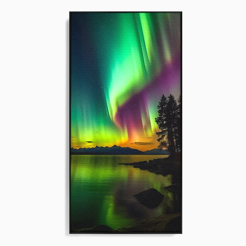 Tablou canvas cu tablou vertical cu aurora boreala pe lac, in rama de aluminiu negru