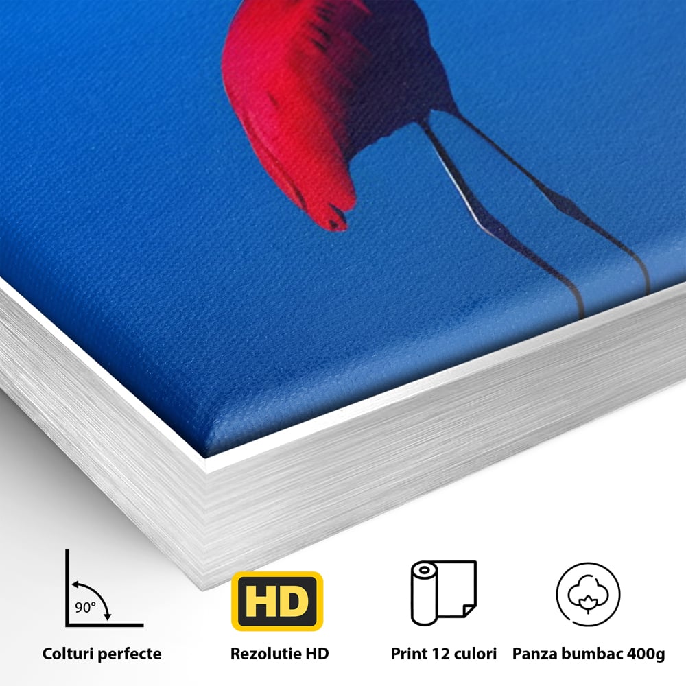 Detaliu al suprafetei: tablou canvas cu pasare flamingo rosie, in rama de aluminiu argintiu