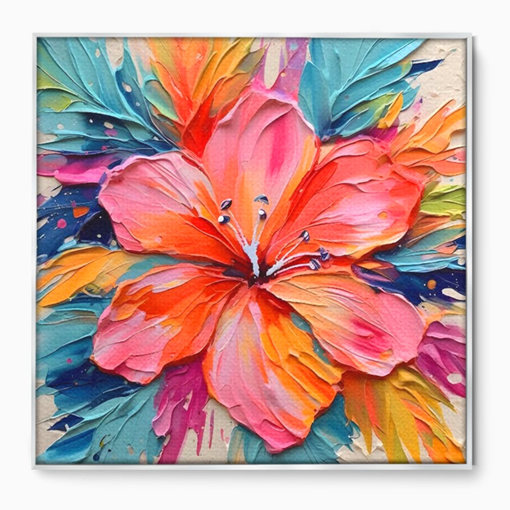 Tablou canvas cu tablou canvas cu floare multicolora in relief, in rama de aluminiu argintiu