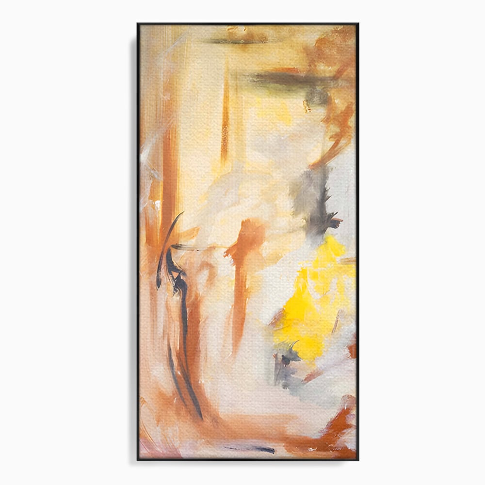 Tablou canvas cu pictura abstracta cu pete aurii si maronii, in rama de aluminiu negru