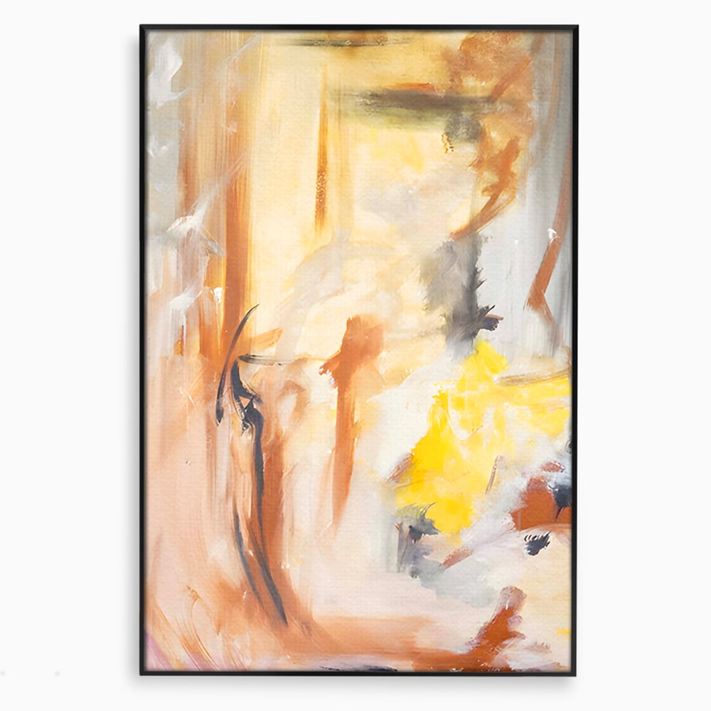 Tablou canvas cu pictura abstracta cu pete aurii si maronii, in rama de aluminiu negru