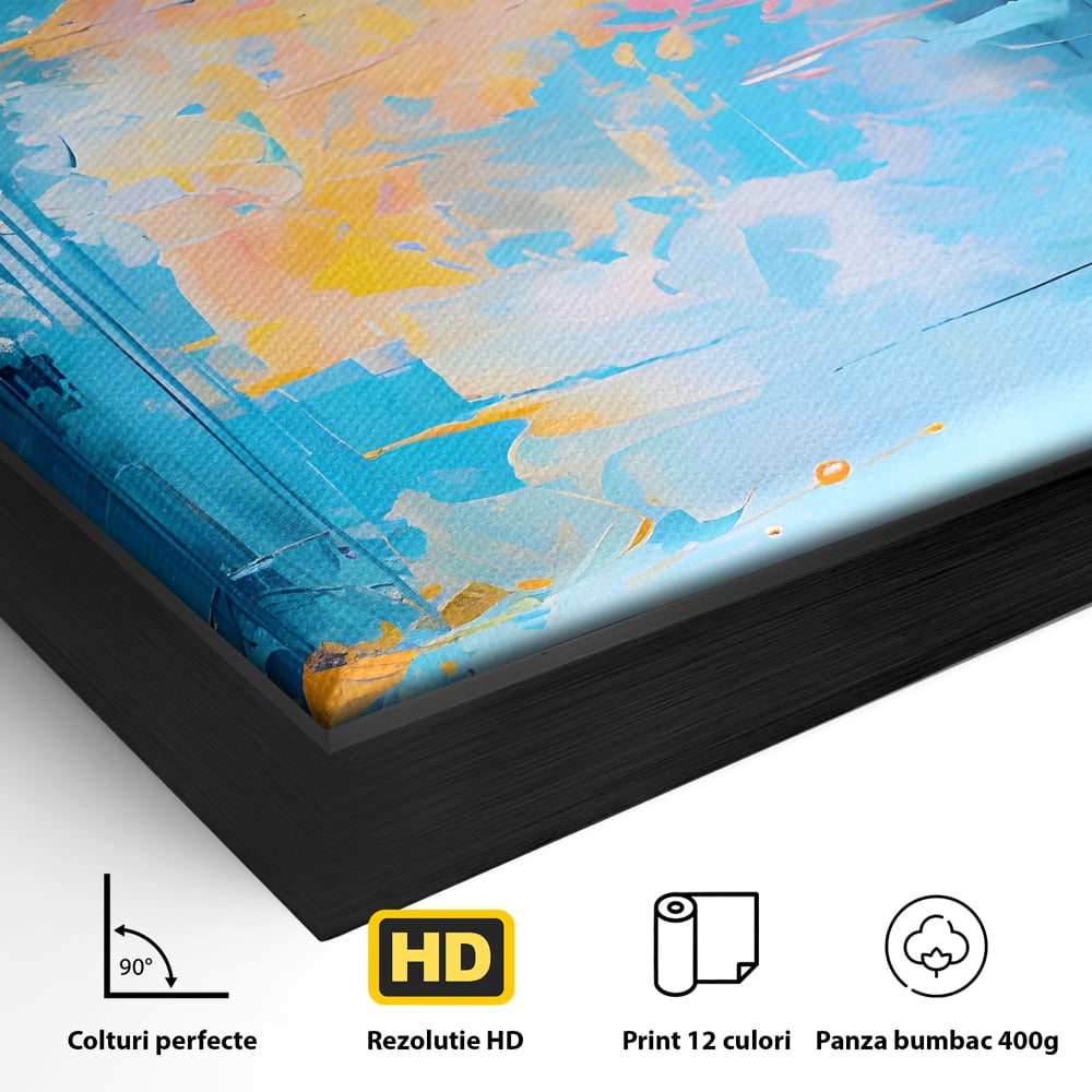 Detaliu al suprafetei: pictura abstracta cu reflexii colorate, in rama de aluminiu negru