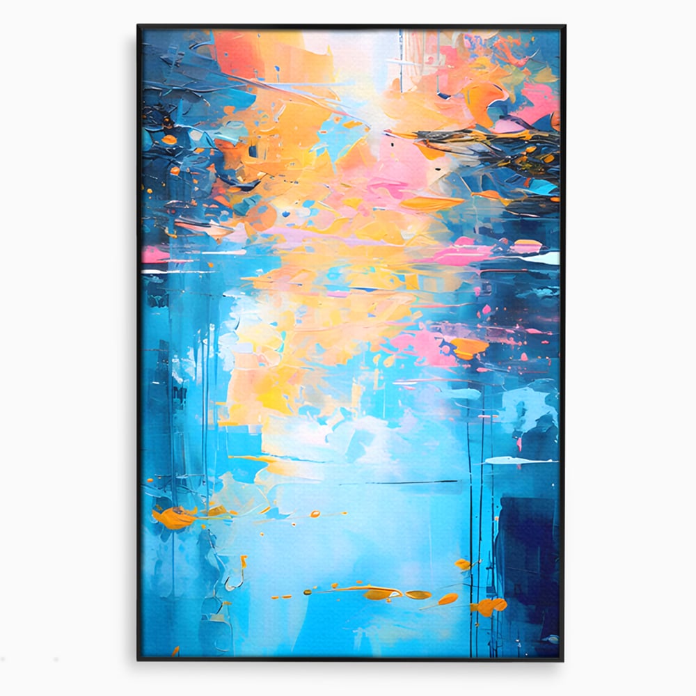 Tablou canvas cu pictura abstracta cu reflexii colorate, in rama de aluminiu negru