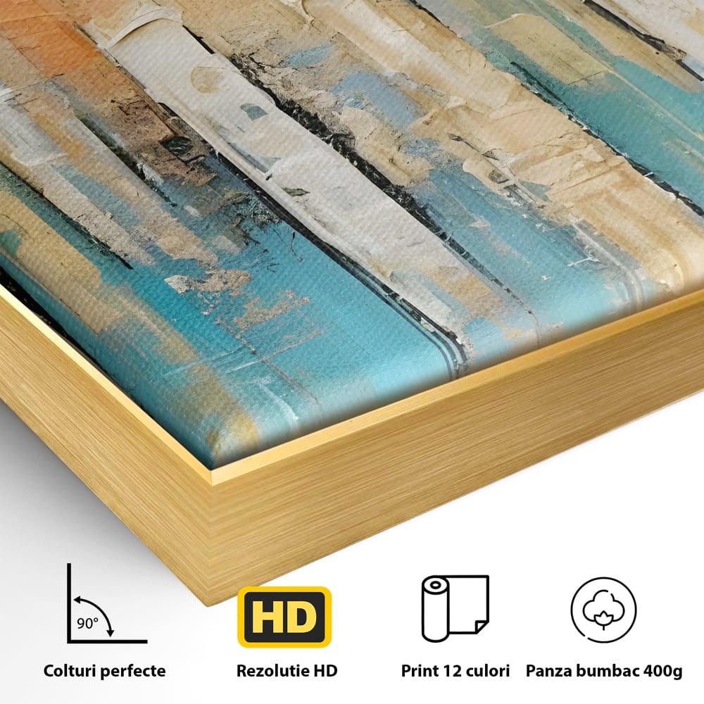 Detaliu al suprafetei: pictura abstracta cu linii verticale, in rama de aluminiu auriu