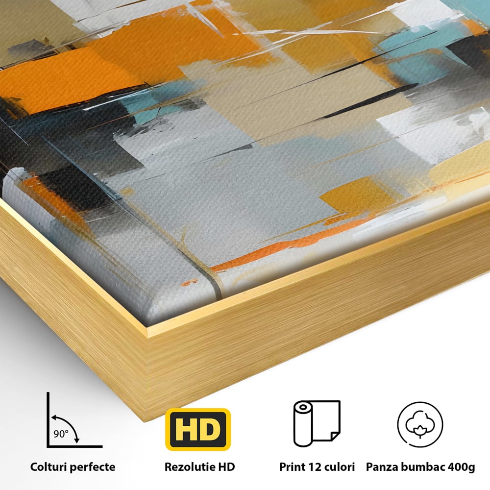 Detaliu al suprafetei: pictura abstracta cu forme geometrice, in rama de aluminiu auriu