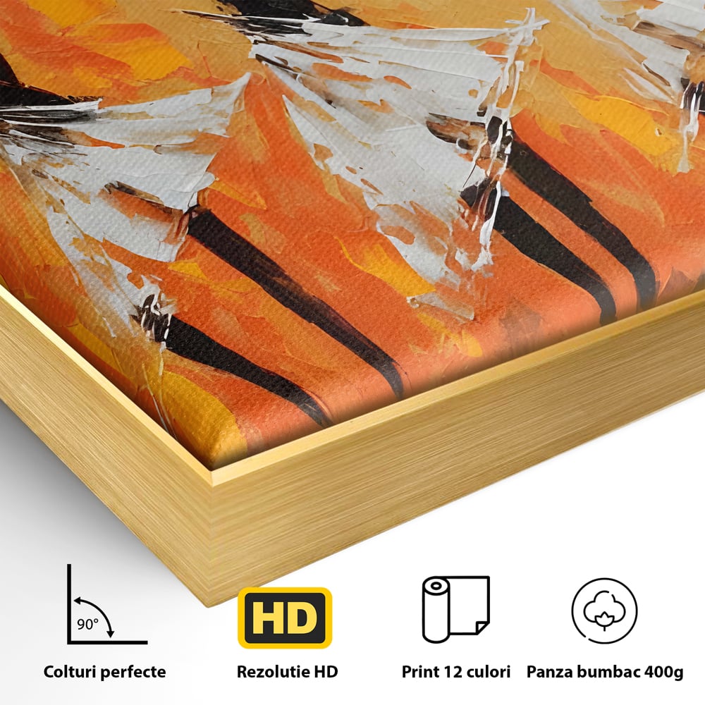 Detaliu al suprafetei: tablou canvas cu trei dansatoare africane, in rama de aluminiu auriu