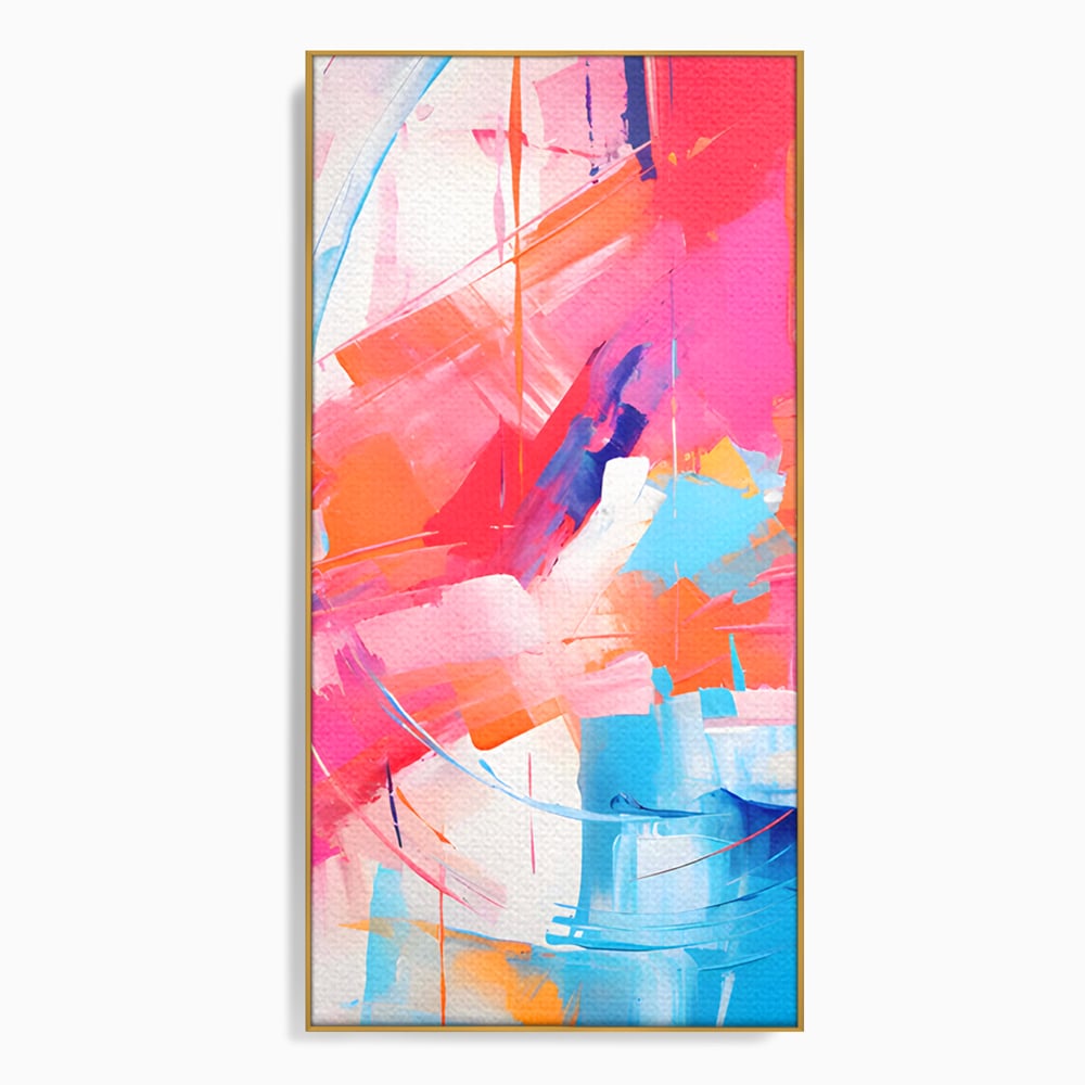 Tablou canvas cu pictura abstracta cu pete multicolore, in rama de aluminiu auriu