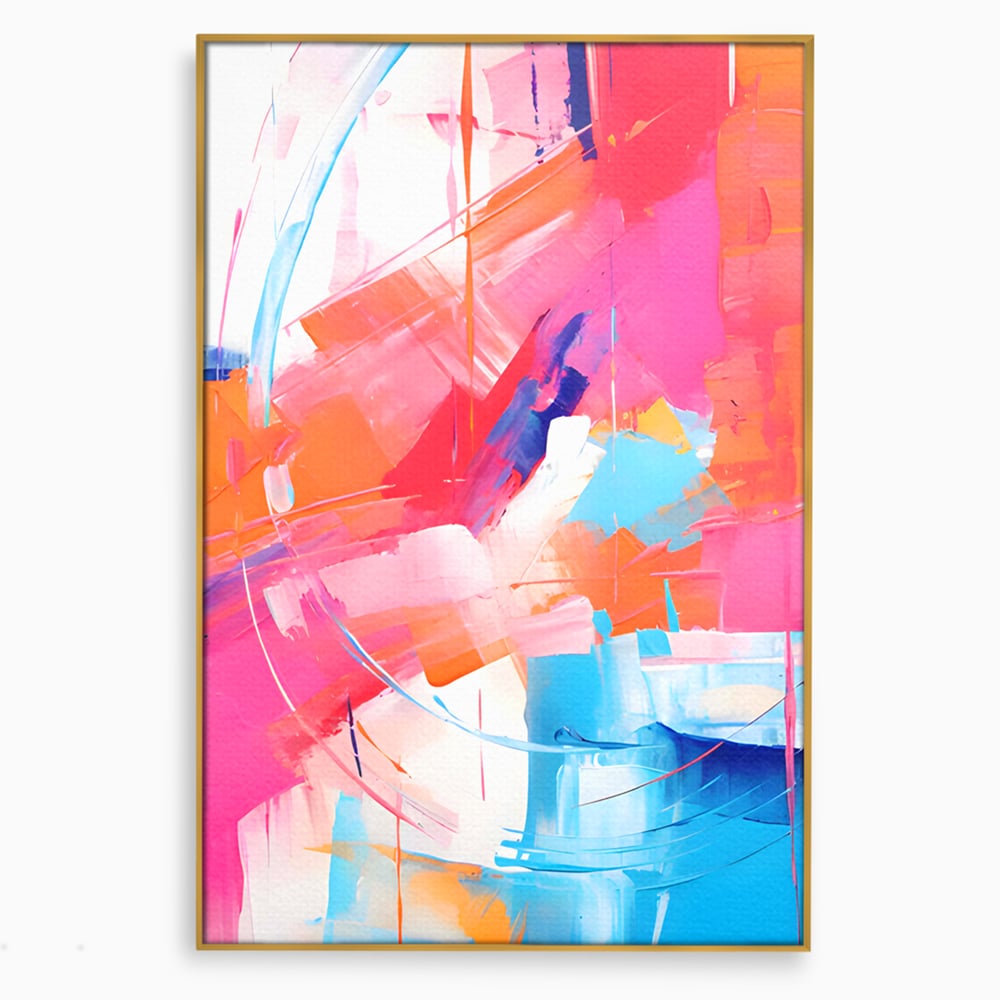 Tablou canvas cu pictura abstracta cu pete multicolore, in rama de aluminiu auriu