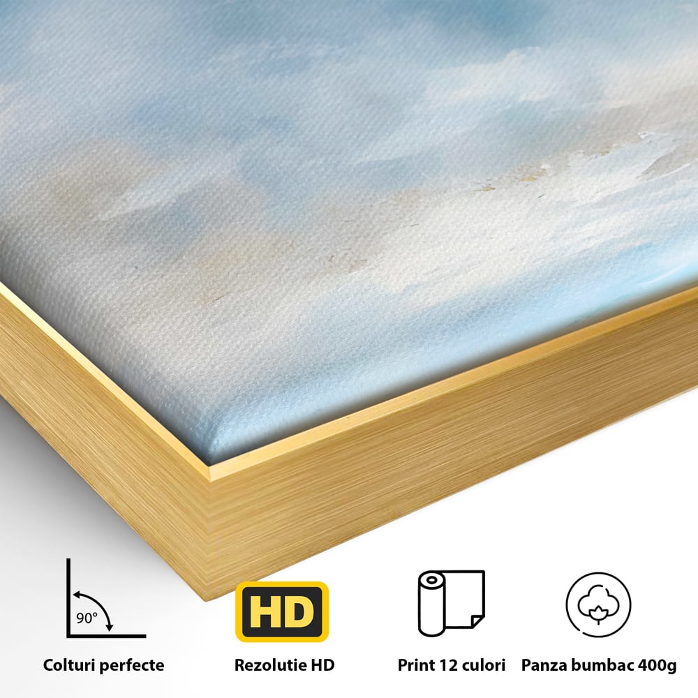 Detaliu al suprafetei: tablou pictura abstracta cer si mare, in rama de aluminiu auriu