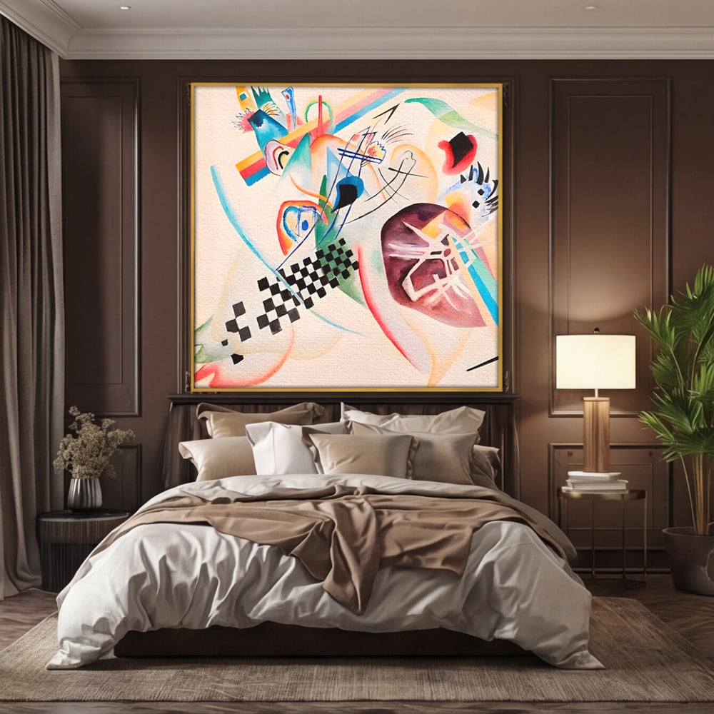 Tablou canvas cu pictura abstracta cu forme geometrice, in rama de aluminiu auriu, pe perete intr-un dormitor