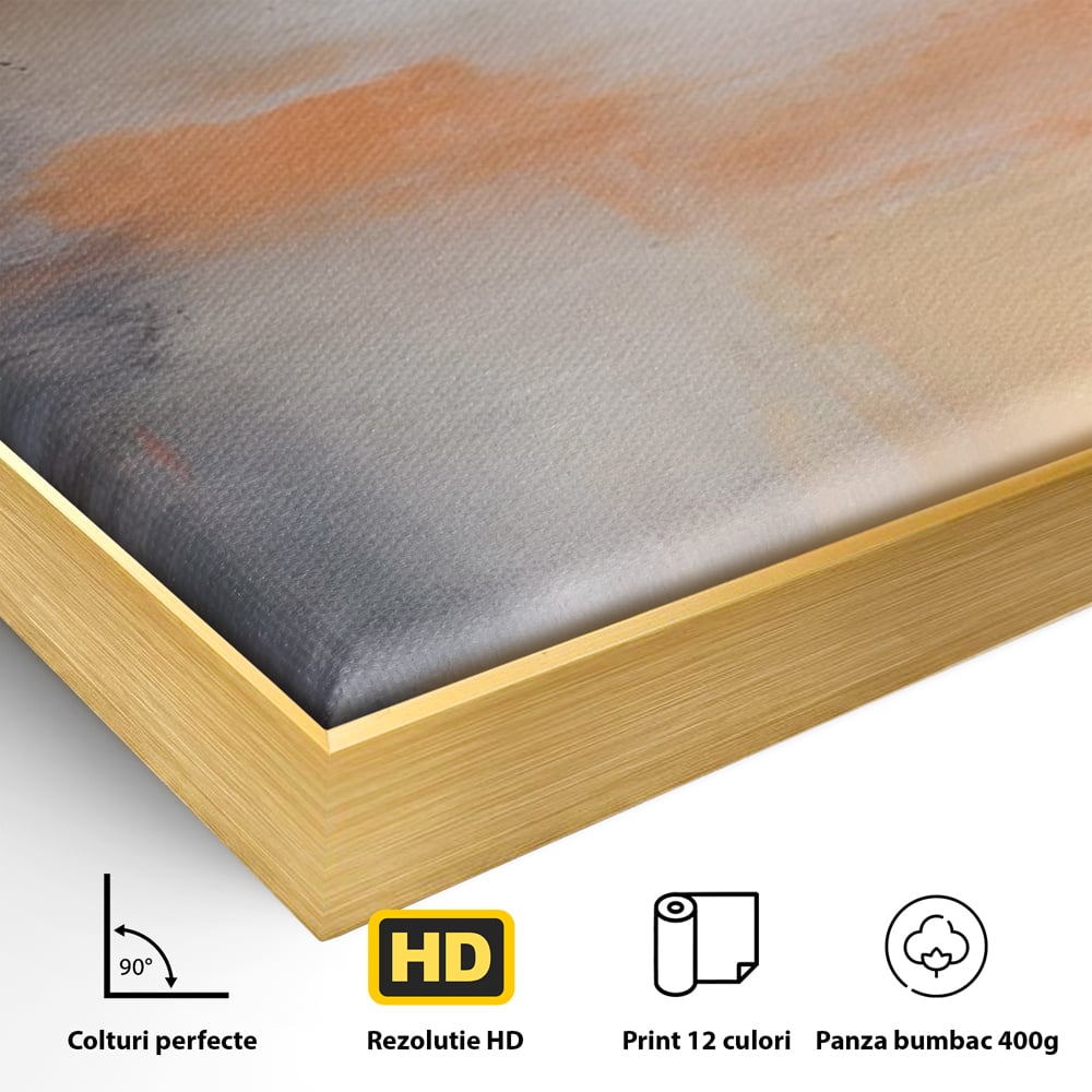 Detaliu al suprafetei: pictura abstracta cu pete portocalii, in rama de aluminiu auriu