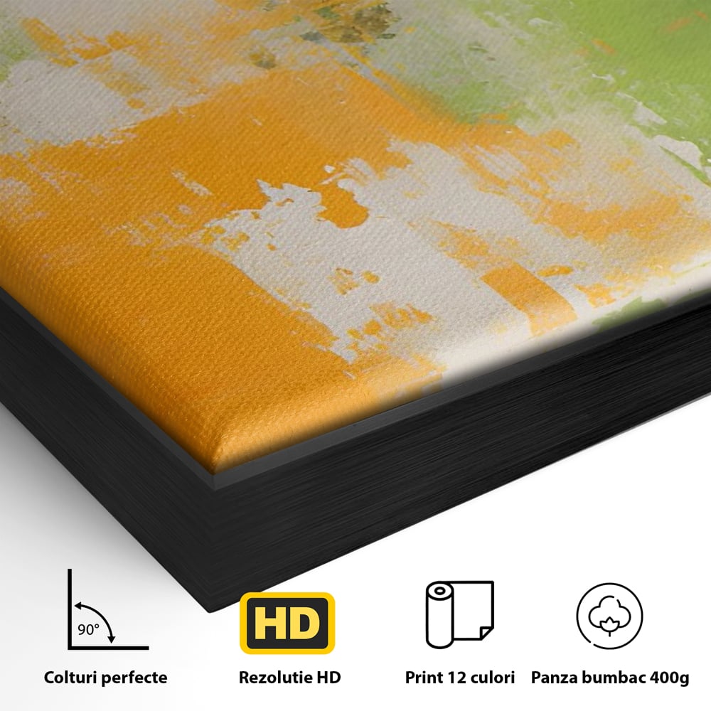 Detaliu al suprafetei: pictura abstracta cu portocaliu si verde, in rama de aluminiu negru