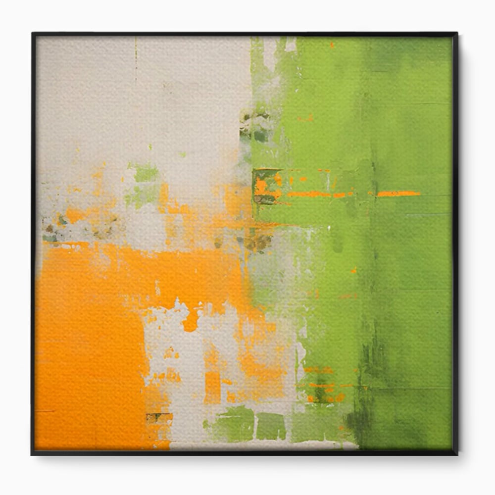 Tablou canvas cu pictura abstracta cu portocaliu si verde, in rama de aluminiu negru