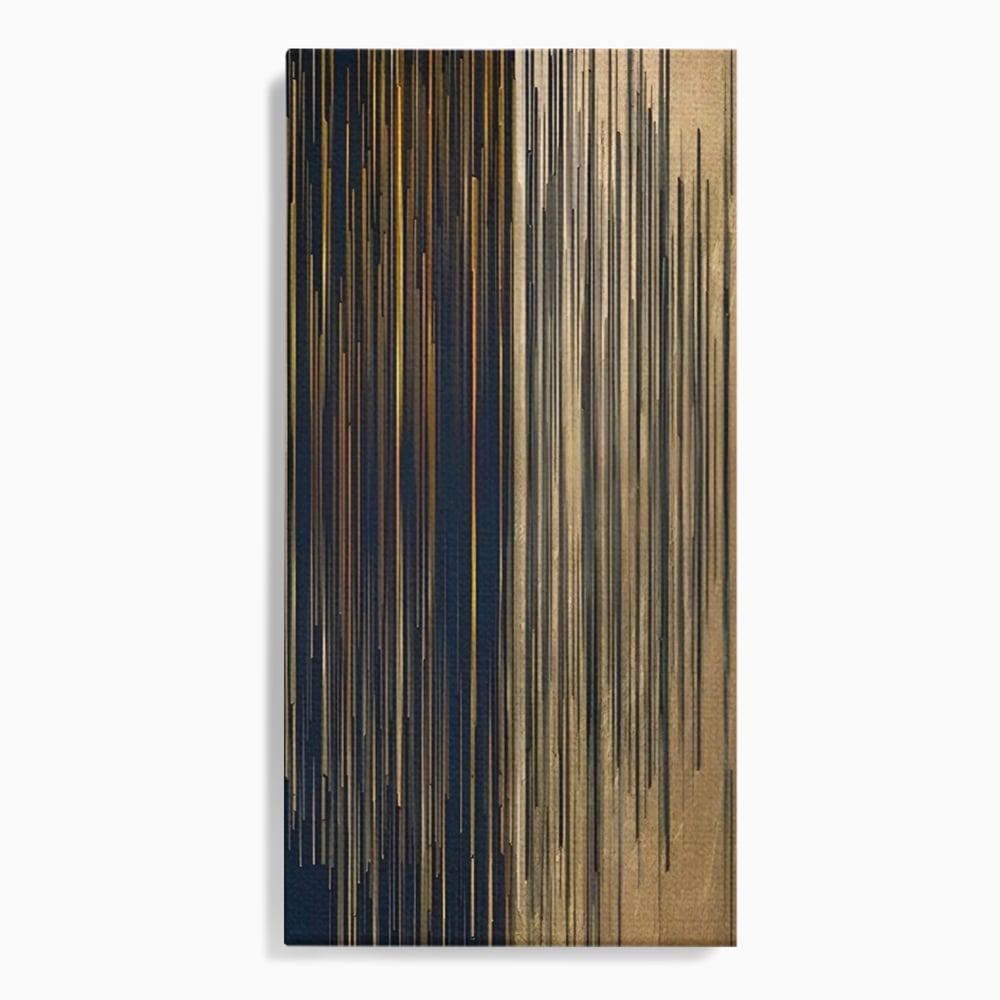 Tablou canvas cu tablou abstract cu dungi verticale aurii si negre, fara rama, pe sasiu de lemn