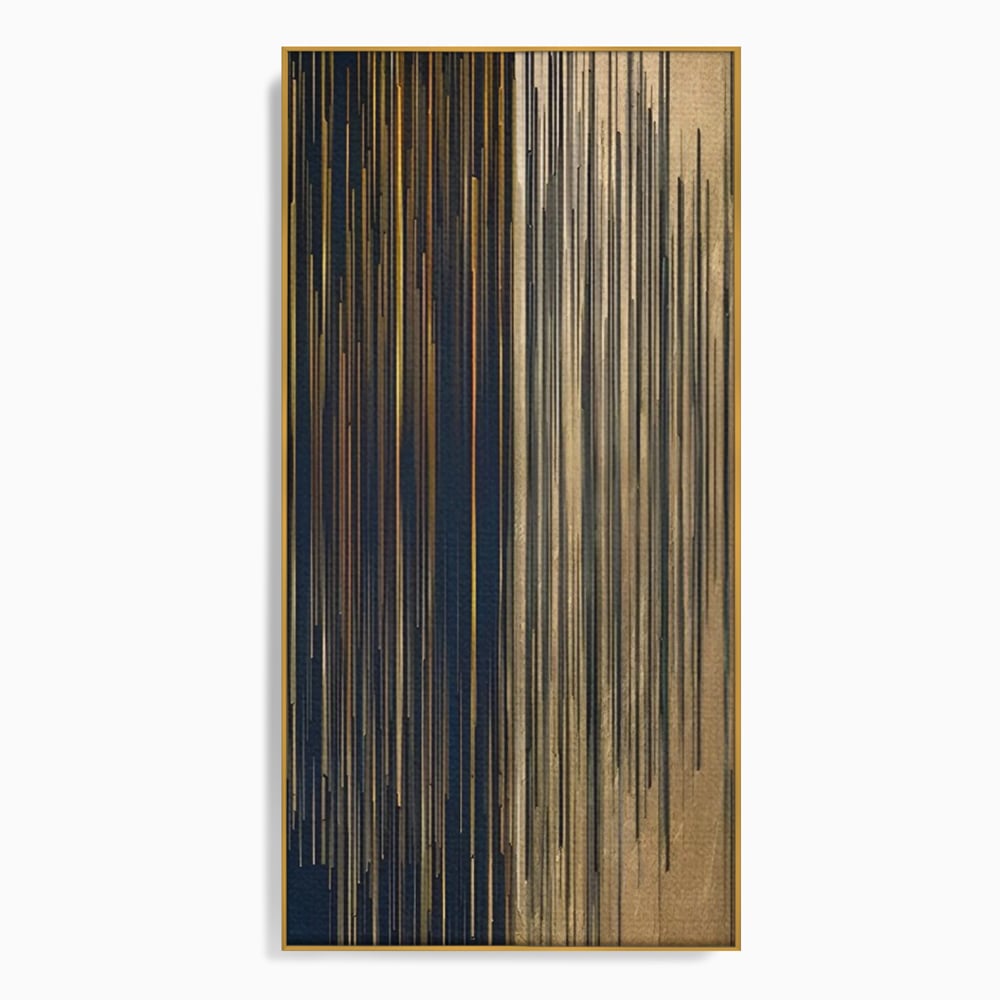 Tablou canvas cu tablou abstract cu dungi verticale aurii si negre, in rama de aluminiu auriu