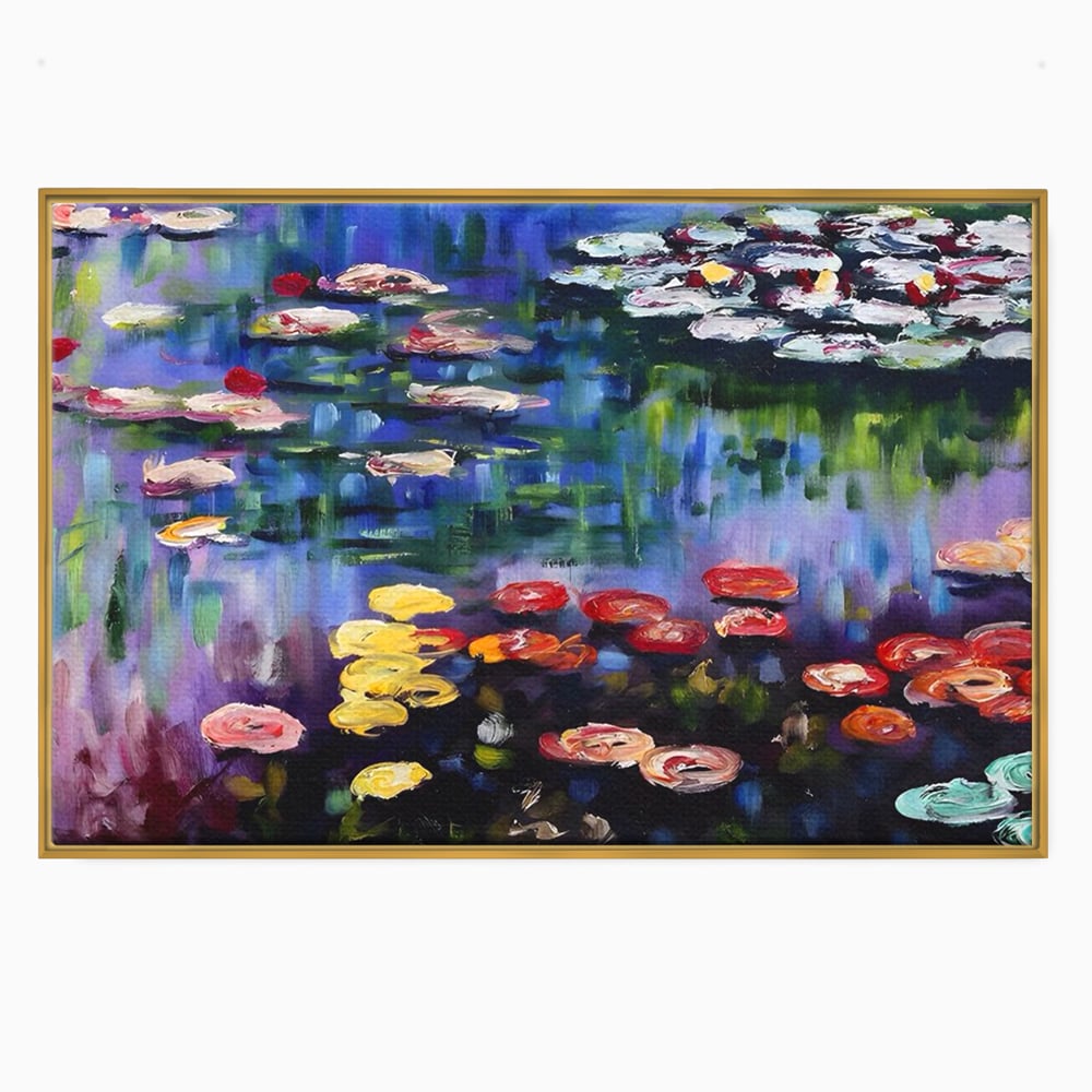 Tablou canvas cu reproducere pictura nuferi pe lac, in rama de aluminiu auriu