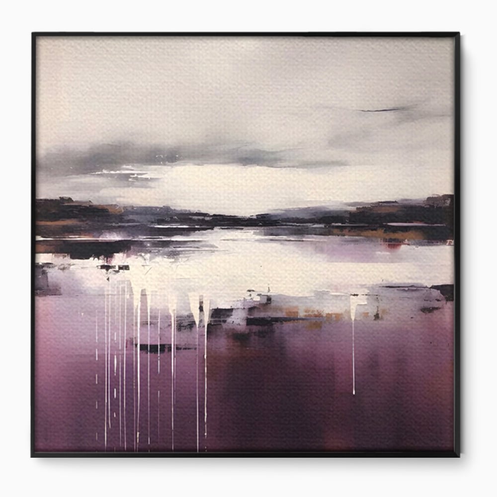 Tablou canvas cu pictura abstracta cu peisaj si picaturi albe, in rama de aluminiu negru