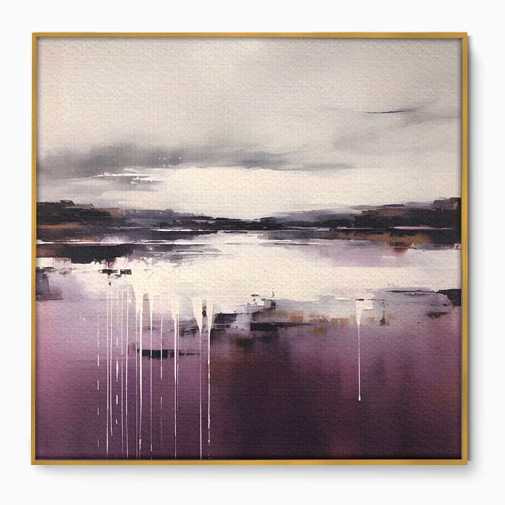 Tablou canvas cu pictura abstracta cu peisaj si picaturi albe, in rama de aluminiu auriu