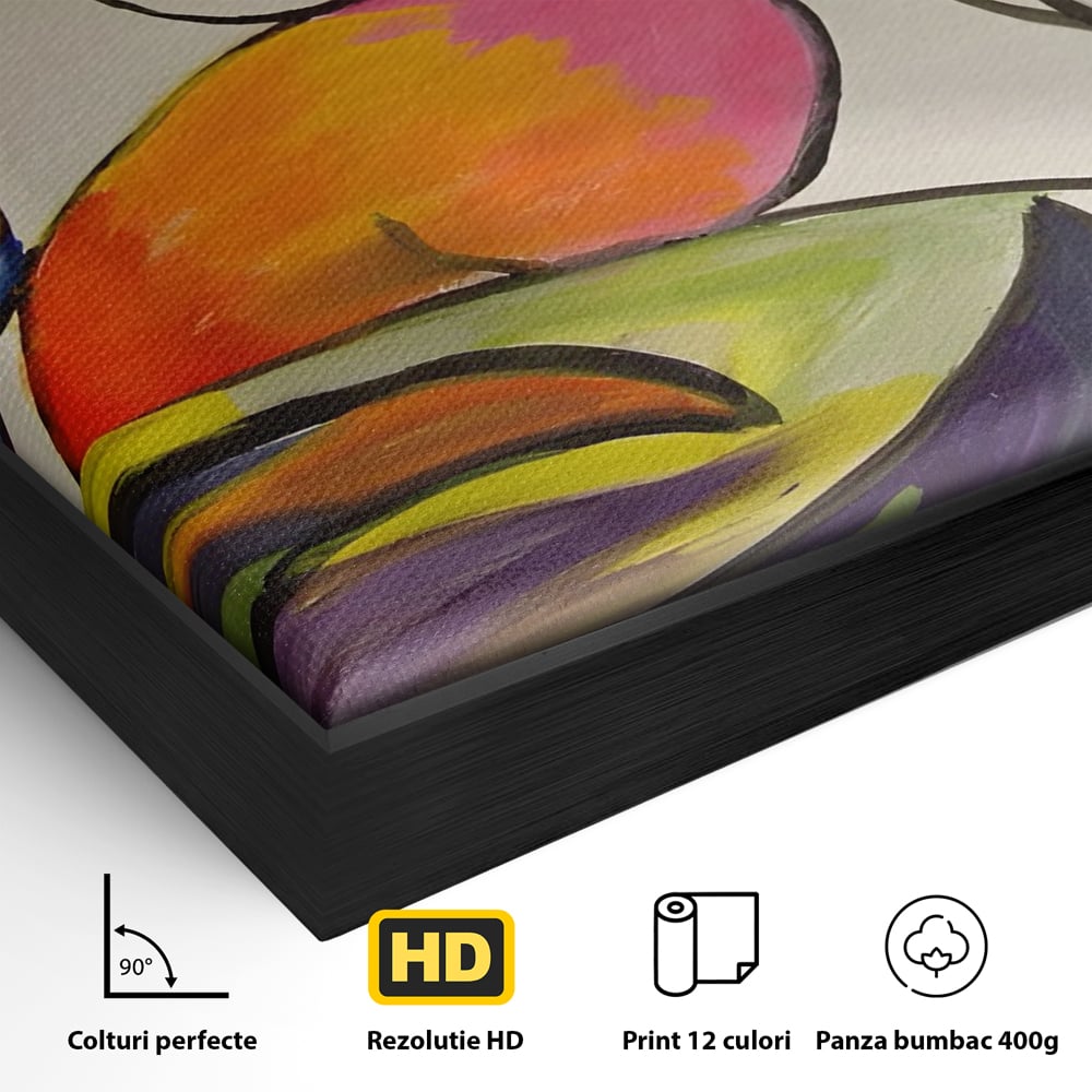 Detaliu al suprafetei: pictura abstracta cu forme colorate si linii negre, in rama de aluminiu negru