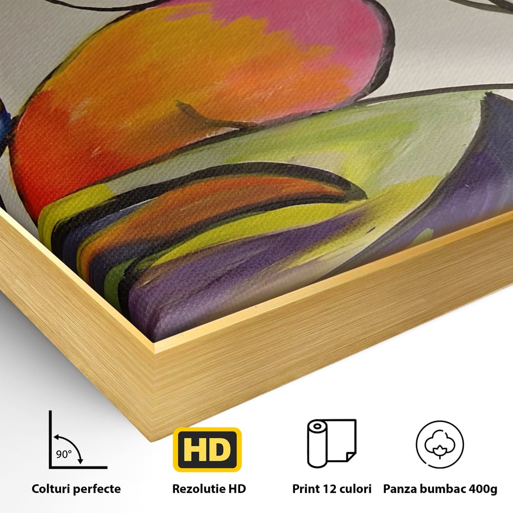Detaliu al suprafetei: pictura abstracta cu forme colorate si linii negre, in rama de aluminiu auriu