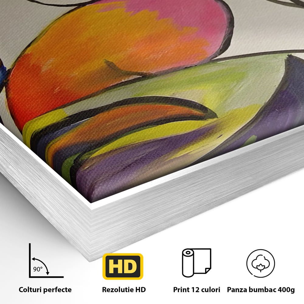 Detaliu al suprafetei: pictura abstracta cu forme colorate si linii negre, in rama de aluminiu argintiu