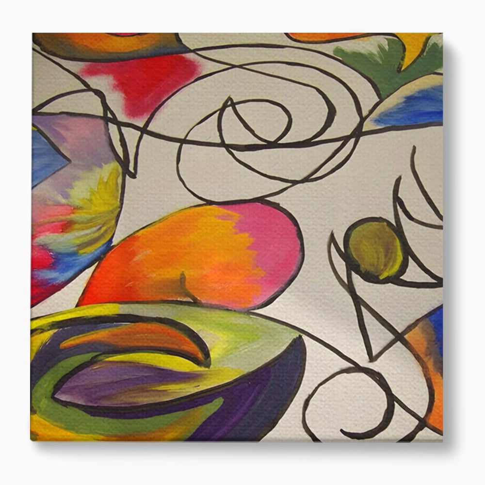 Tablou canvas cu pictura abstracta cu forme colorate si linii negre, fara rama, pe sasiu de lemn