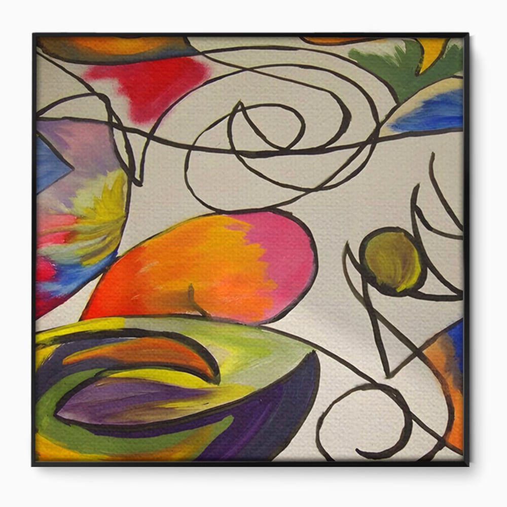 Tablou canvas cu pictura abstracta cu forme colorate si linii negre, in rama de aluminiu negru