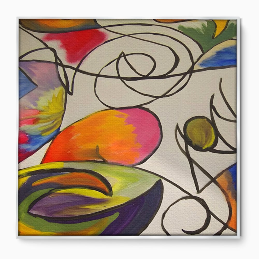 Tablou canvas cu pictura abstracta cu forme colorate si linii negre, in rama de aluminiu argintiu