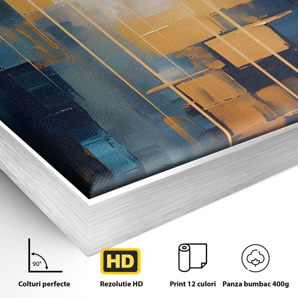 Detaliu al suprafetei: pictura abstracta cu linii aurii, in rama de aluminiu argintiu