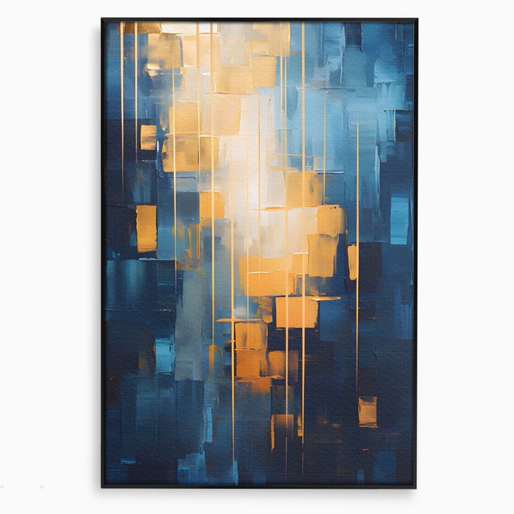 Tablou canvas cu pictura abstracta cu linii aurii, in rama de aluminiu negru