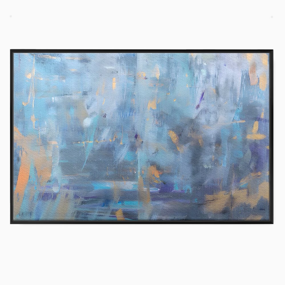Tablou canvas cu pictura abstracta cu pete aurii si albastre, in rama de aluminiu negru