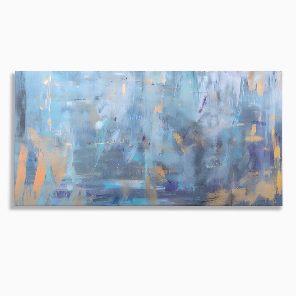 Tablou canvas cu pictura abstracta cu pete aurii si albastre, fara rama, pe sasiu de lemn