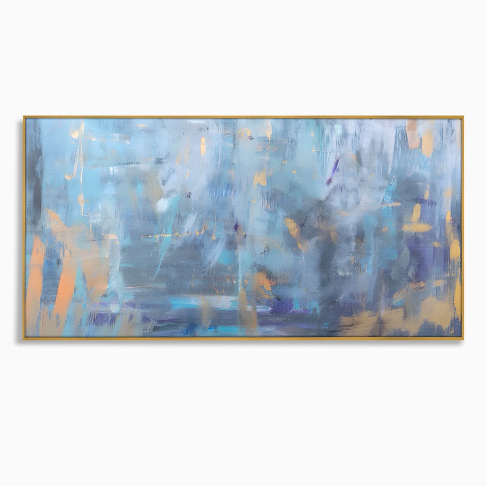 Tablou canvas cu pictura abstracta cu pete aurii si albastre, in rama de aluminiu auriu