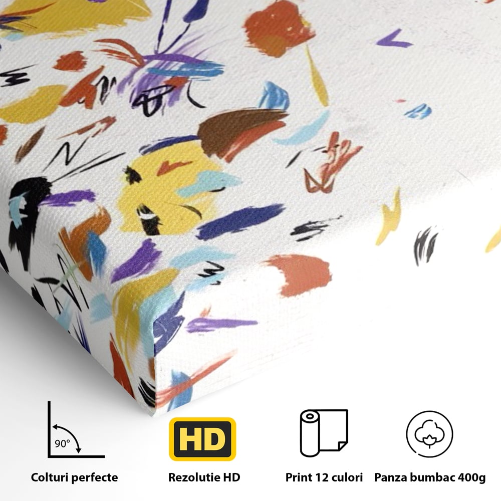 Detaliu al suprafetei: pictura abstracta cu frunze colorate, fara rama, pe sasiu de lemn