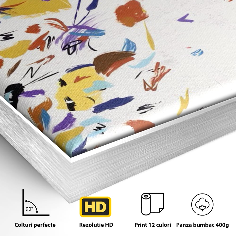 Detaliu al suprafetei: pictura abstracta cu frunze colorate, in rama de aluminiu argintiu