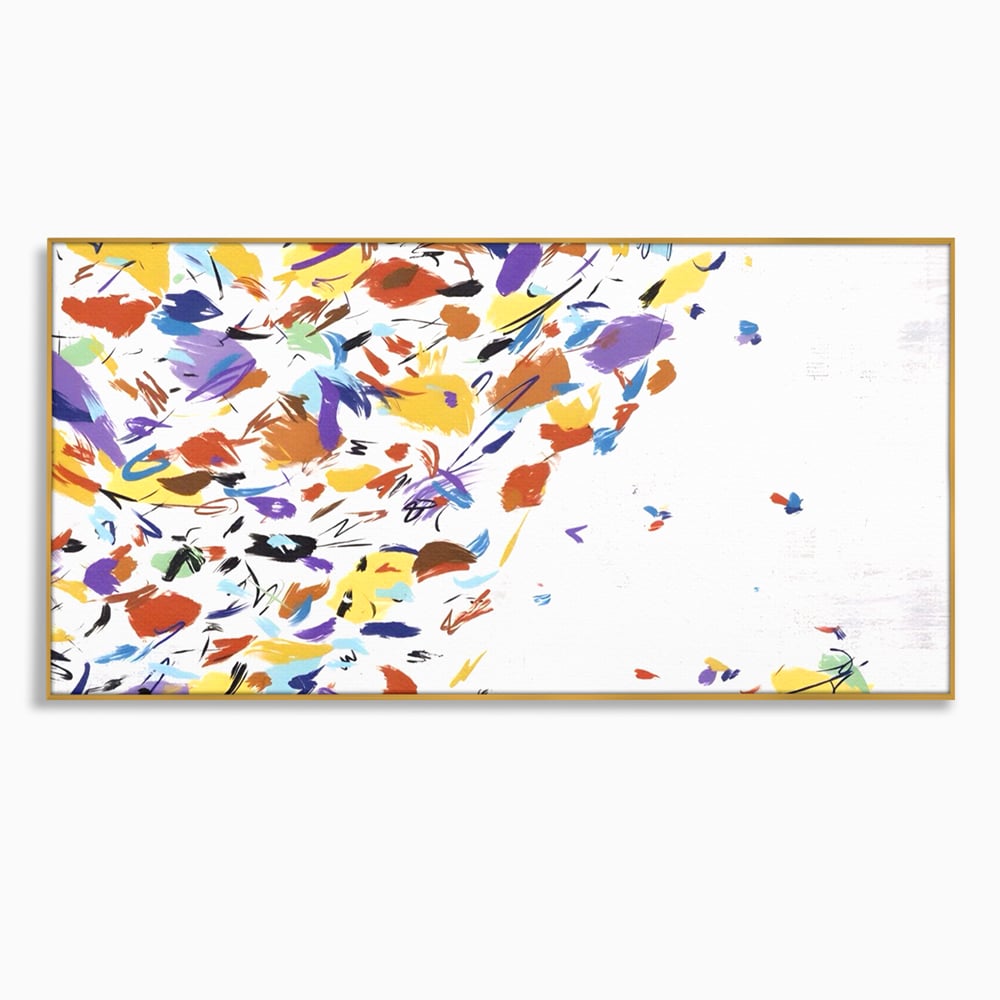 Tablou canvas cu pictura abstracta cu frunze colorate, in rama de aluminiu auriu