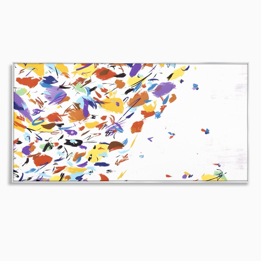 Tablou canvas cu pictura abstracta cu frunze colorate, in rama de aluminiu argintiu