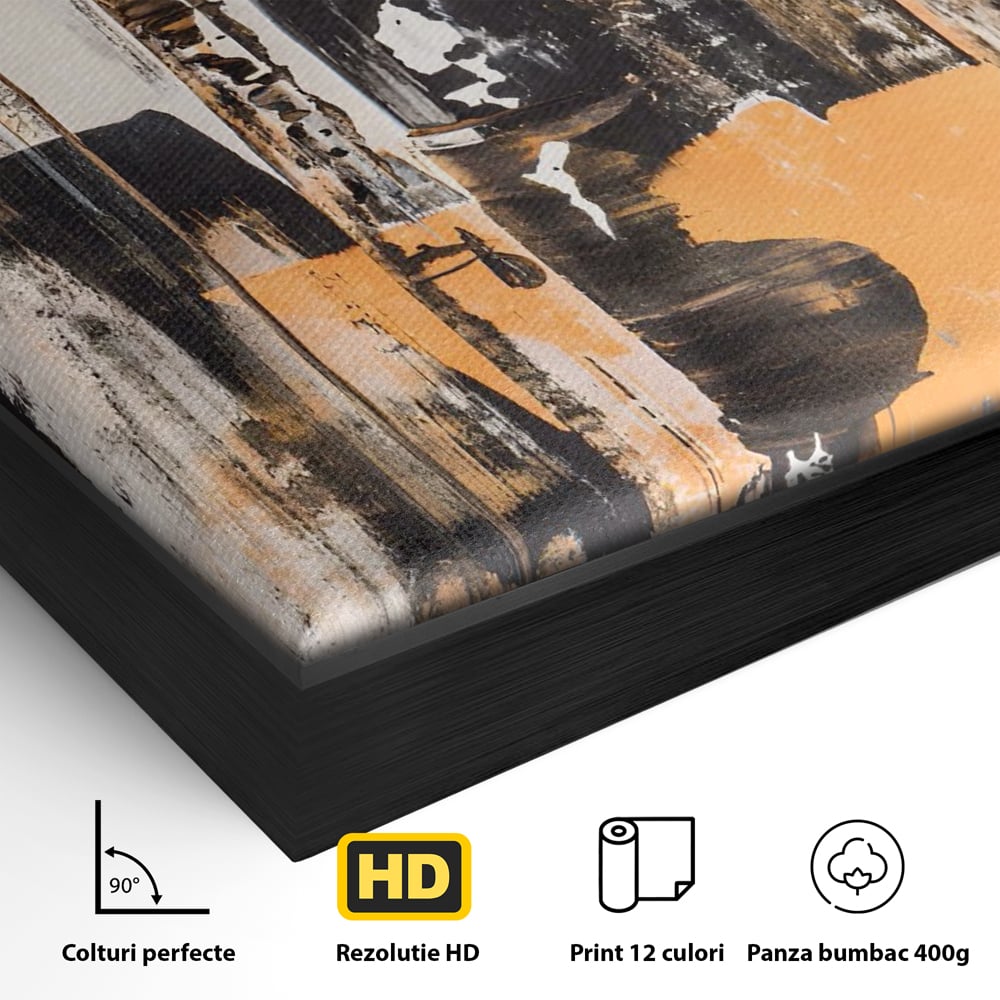 Detaliu al suprafetei: pictura abstracta cu linii si pete, in rama de aluminiu negru