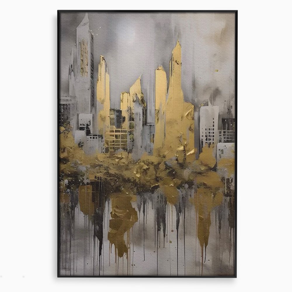 Tablou canvas cu tablou canvas cu zgarie-nori aurii, in rama de aluminiu negru