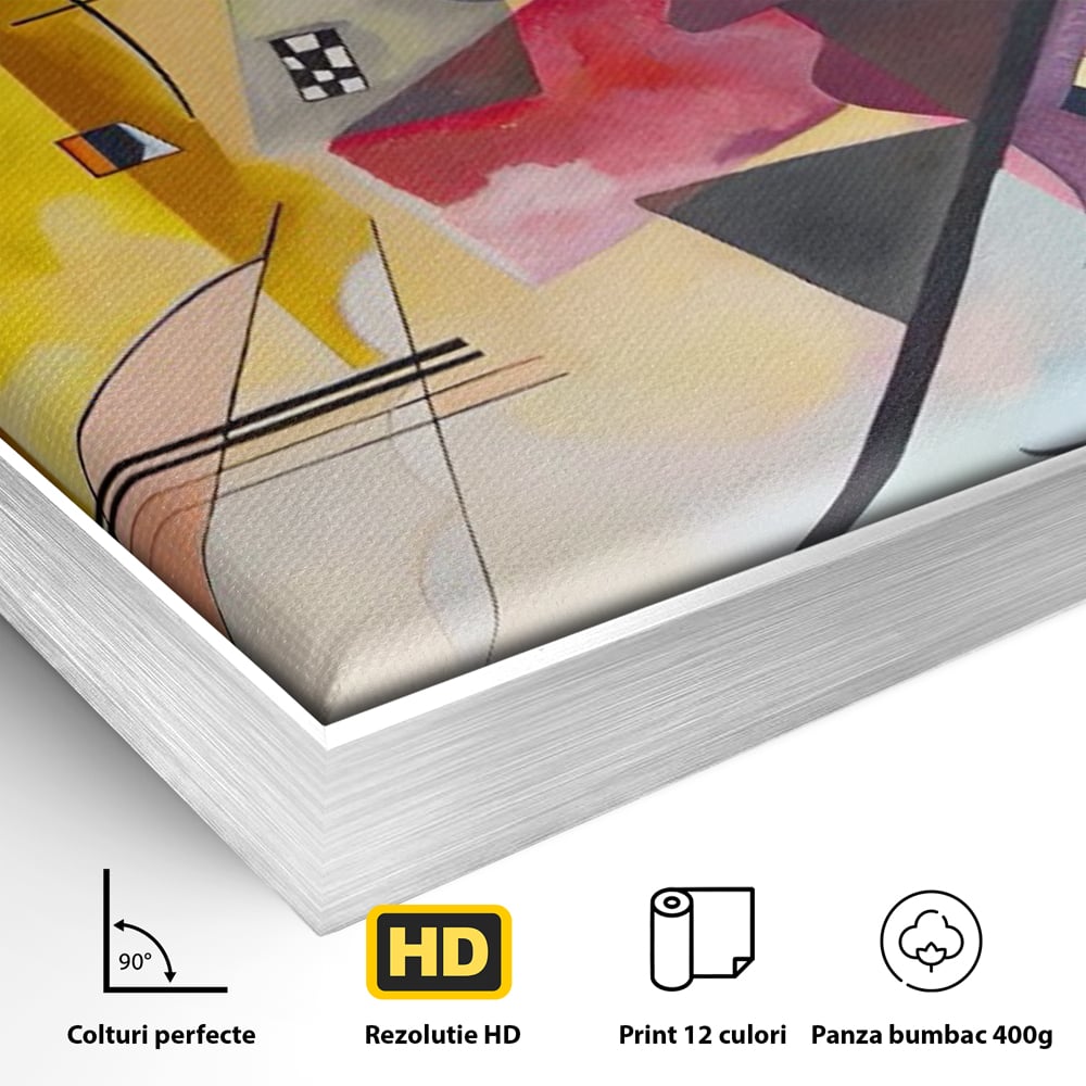 Detaliu al suprafetei: pictura abstracta cu forme geometriche si linii, in rama de aluminiu argintiu