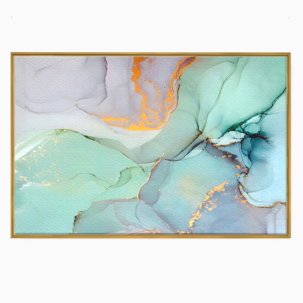 Tablou canvas cu pictura abstracta cu efect de marmura colorata, in rama de aluminiu auriu