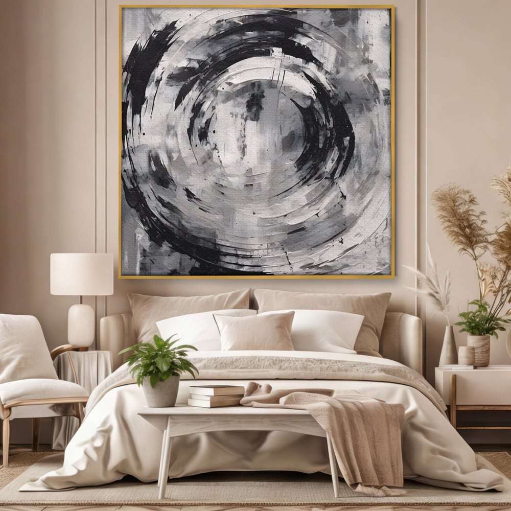 Tablou canvas cu tablou canvas cu cerc abstract, in rama de aluminiu auriu, pe perete intr-un dormitor