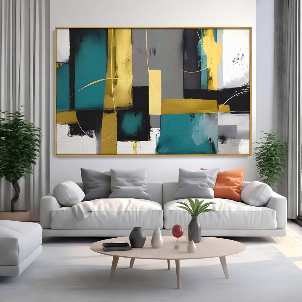 Tablou canvas cu tablou canvas cu forme geometrice abstracte, in rama de aluminiu auriu, pe perete intr-un living