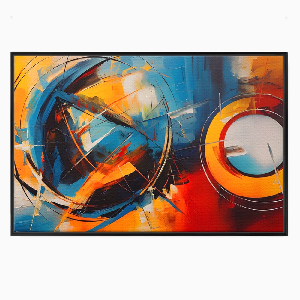 Tablou canvas cu pictura abstracta cu cercuri si linii, in rama de aluminiu negru
