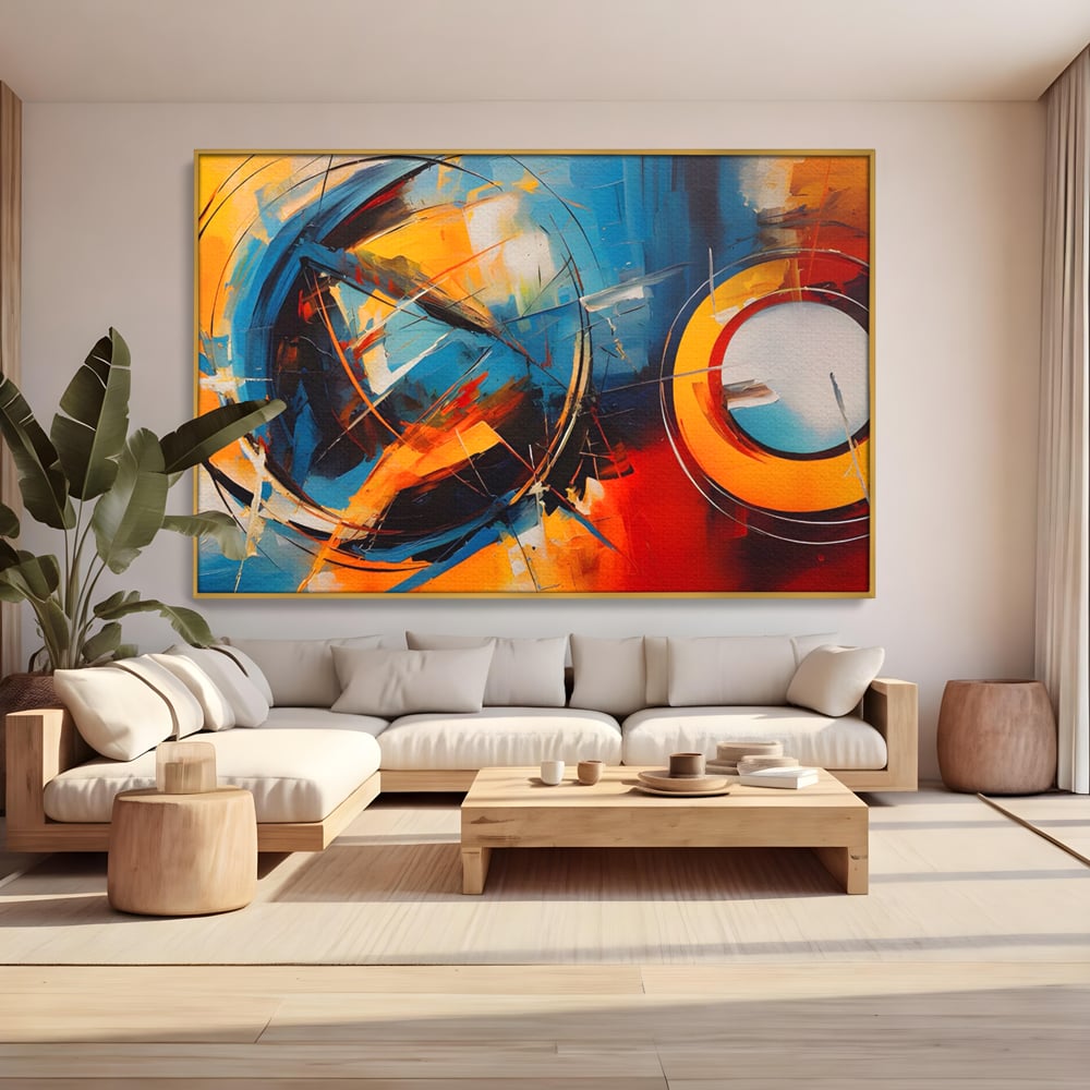 Tablou canvas cu pictura abstracta cu cercuri si linii, in rama de aluminiu auriu, pe perete intr-un living