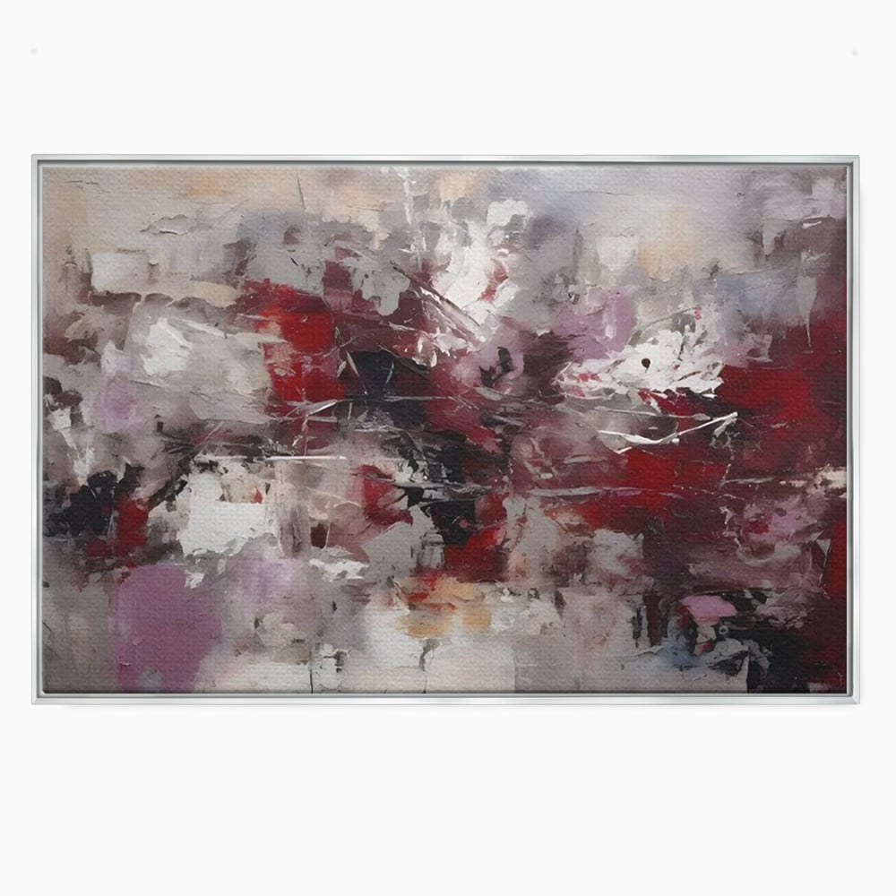 Tablou canvas cu pictura abstracta cu pete rosii, in rama de aluminiu argintiu
