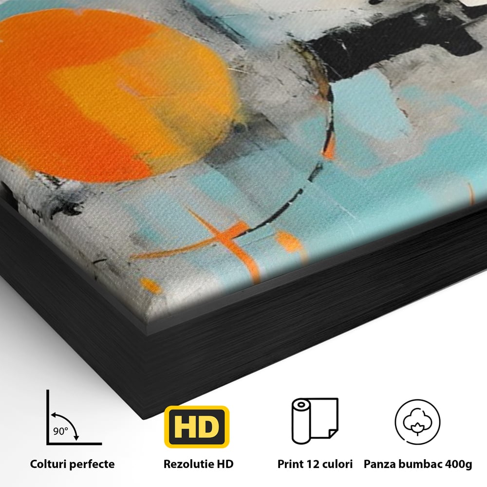 Detaliu al suprafetei: pictura abstracta cu cerc portocaliu, in rama de aluminiu negru