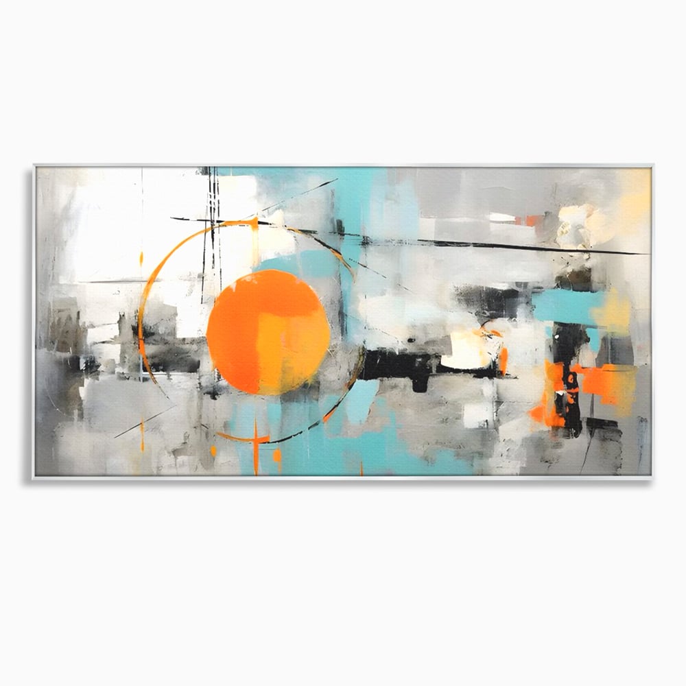 Tablou canvas cu pictura abstracta cu cerc portocaliu, in rama de aluminiu argintiu