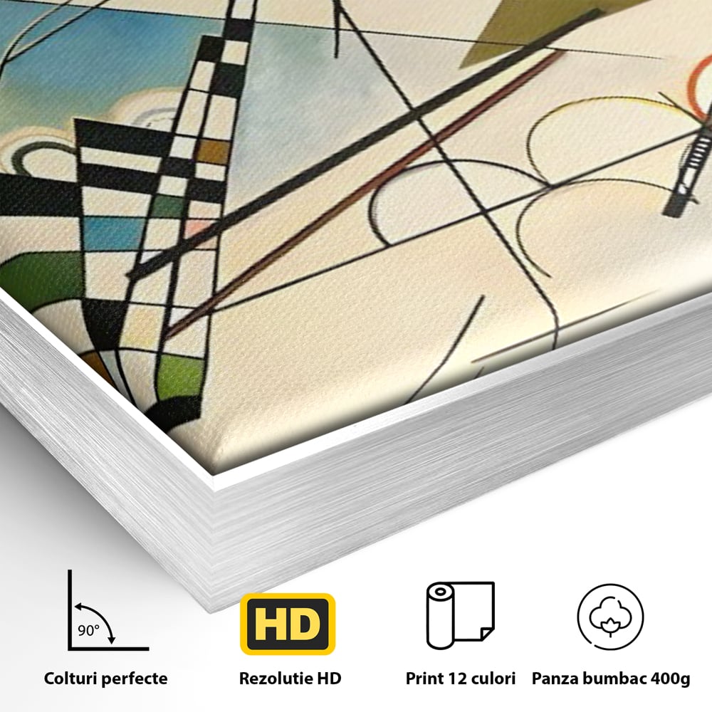 Detaliu al suprafetei: pictura abstracta cu forme geometrice colorate, in rama de aluminiu argintiu