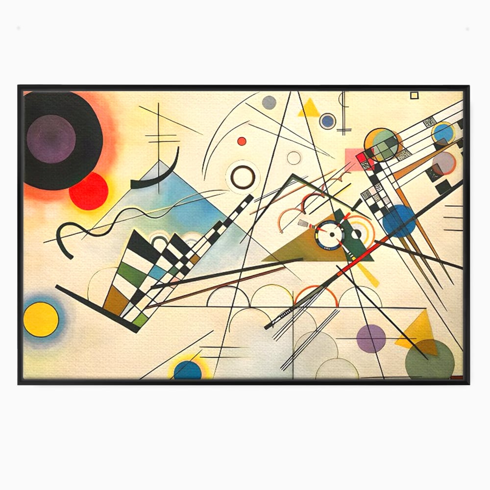 Tablou canvas cu pictura abstracta cu forme geometrice colorate, in rama de aluminiu negru